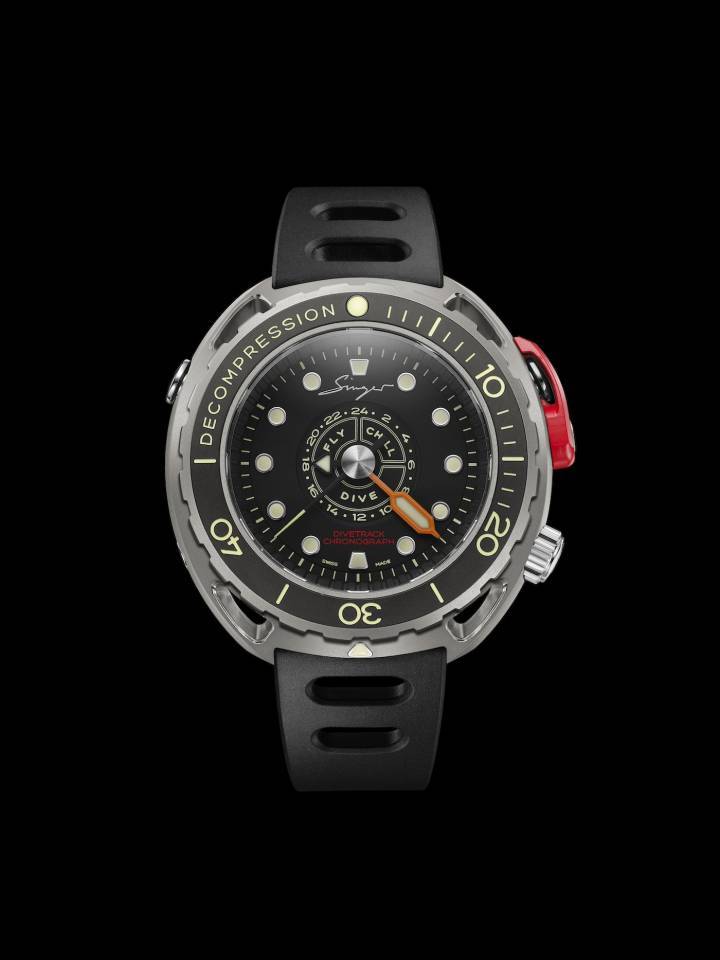 La Divetrack se démarque par son chronographe central de 24 heures automatique, conçu spécifiquement pour contrôler l'entièreté d'une session de plongée. La seconde trainante centrale assure un mouvement continu, alors que l'aiguille orange des minutes permet le suivi méticuleux de ses aventures sous-marines.