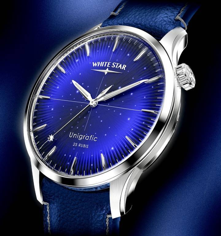 Avec son cadran traité bleu nuit, constellé d'étoiles scintillantes, et sa couronne à 2h, le modèle White Star Unigrafic est la version de la dress watch de la marque.