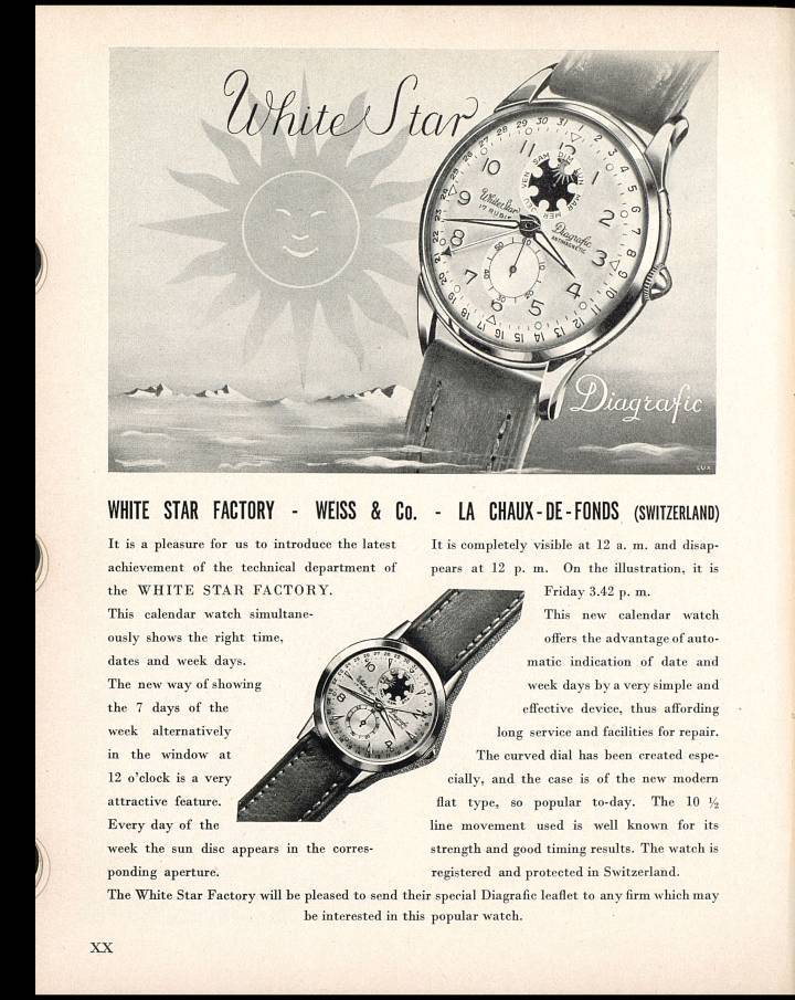 La marque White Star et son modèle Diagrafic dans une édition de 1952 d'Europa Star.