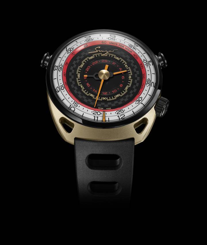 Chronographe 24h Track 1 - Endurance Edition, avec mouvement chronographe central Agengraphe, affichant une échelle centrale supplémentaire pour les indications chrono 24 heures, en plus de l'échelle extérieure pour les minutes et les secondes. 