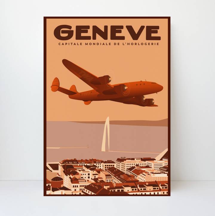 Genève, TWA Lockheed Constellation: «Cette oeuvre a été réalisé spécialement à l'occasion d'un partenariat avec la boutique Bucherer de la Rue du Rhône. Elle est emblématique de la collection de l'Atelier WOCS, car elle associe deux représentations profondément historiques de l'univers du tourisme et de l'aviation: la Rade de Genève et son jet d'eau, d'une part, et le Lockheed Constellation d'autre part. Le Constellation, avion iconique s'il en est, marque l'apogée de l'ère de l'aviation à hélice, juste avant l'arrivée des jets. Il est le premier avion de série à cabine pressurisée, ce qui lui permet de gagner la haute altitude pour voler plus vite et surtout au-dessus des nuages, évitant les zones de mauvais temps et leurs dangers. Sa triple dérive et son fuselage delphinien lui confèrent une silhouette véritablement unique qui a achevé d'en faire un mythe. L'oeuvre représente un Constellation de TWA au-dessus de Genève, une destination visitée par la compagnie aérienne à la fin des années 1940.» 