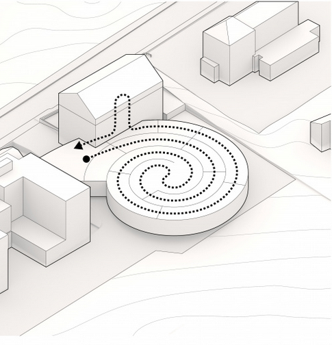 Le cheminement à l'intérieur de la spirale et de la maison originelle d'Audemars Piguet