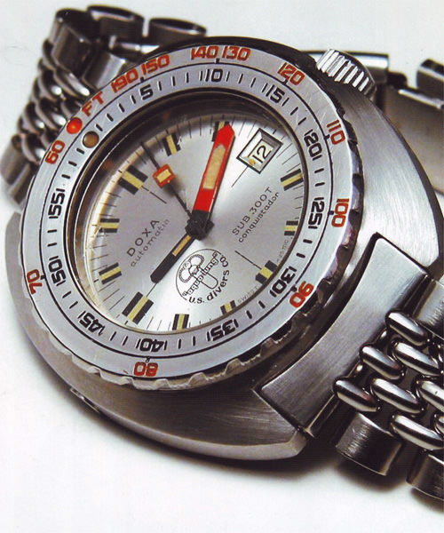 La Sub 300 Conquistador avec cadran argent et valve à hélium. Extrait du livre Doxa SUB Forty Years de Peter McLean Millar.