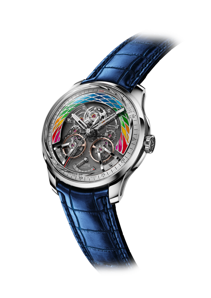 Rassemblant toutes les couleurs d'Only Watch 2023, la pièce unique Place Vendôme Complicité figure un motif en émail s'inspirant des ondulations de la surface du lac Léman.