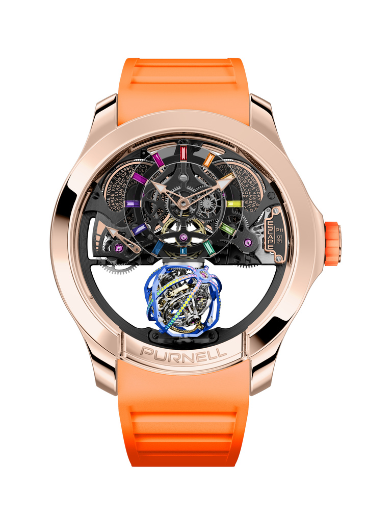 Purnell Escape Primo - 18K Rose Gold Rainbow (2022) @WatchGK. Ce «Sphérillon» - tourbillon multi-axes dessinant une trajectoire sphèrique - est serti de pierres précieuses. Le calibre a été développé en collaboration avec l'horloger Éric Coudray.