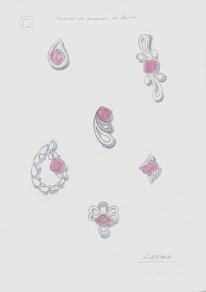 Dessins préparatoires et recherches de formes inspirées des collections Lacrima, B Dimension et Peekaboo de Bucherer