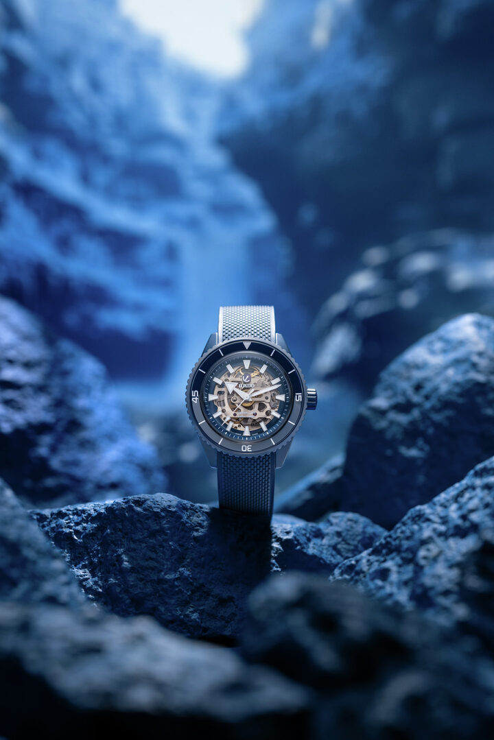 This model, the Captain Cook High-Tech Ceramic Skeleton, is in deep navy blue with a matte finish. It is fitted with the R808 movement with a Nivachron hairspring.