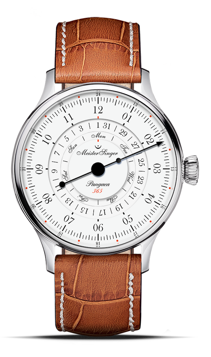 La Meistersinger Pangaea Day Date 365 qui lit, outre l'heure avec sa mono-aiguille, le jour de la semaine et la date avec le logo en point d'orgue de la marque comme indicateur.