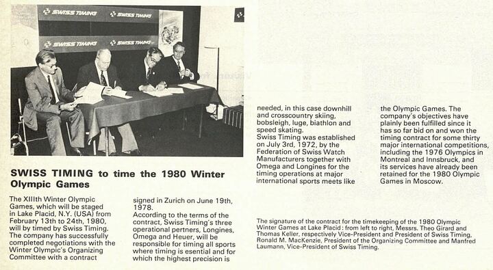 Dans un contexte géopolitique tendu, Swiss Timing chronomètre les JO d'hiver 1980 de Lake Placid aux Etats-Unis. Les JO de Moscou tenus l'été de la même année ont été boycottés par une cinquantaine de nations dont les Etats-Unis pour protester contre l'invasion de l'Afghanistan par l'URSS.