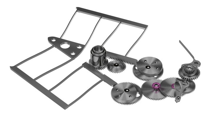 Mécanisme de lever et de coucher de soleil à crémaillère. Au centre les deux cames ovoïdes, surmontées du double palpeur et du système de guidage flexible, avec sa double paire de 4 bras-ressorts. Sur la droite, le système d'engrenage qui transmet les informations aux aiguilles.