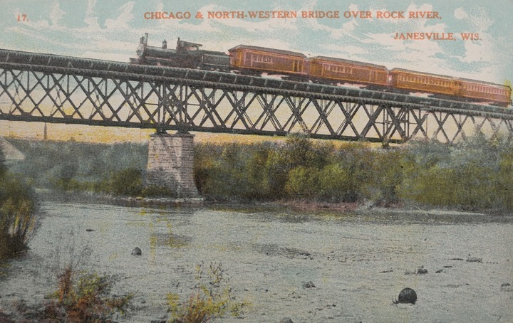 ‘Chicago Bridge': pont ferroviaire traversant la rivière Rock, Janesville, Wisconsin, vers 1910. Tissot Museum