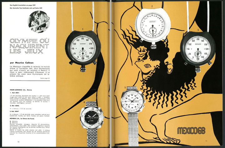 Plusieurs marques suisses lancent des modèles dédiés aux Jeux Olympiques de Mexico en 1968, dont Heuer-Leonidas.