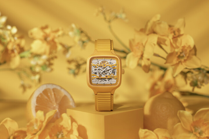 The True Square Skeleton model. Case and crown in high-tech, matte yellow ceramic, monobloc architecture. High-tech ceramic is a lightweight, scratch-resistant material with a unique, silky feel.