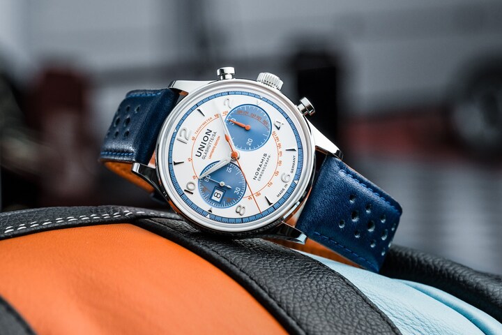 Oscillant entre élégance et vintage, Union Glashütte met l'accent sur les chronographes, comme ce nouveau modèle Noramis Chronograph Sachsen Classic 2024 aux accents orange vif, bleu clair et blanc mat réminiscents du sport automobile des années 1970 et 1980. 