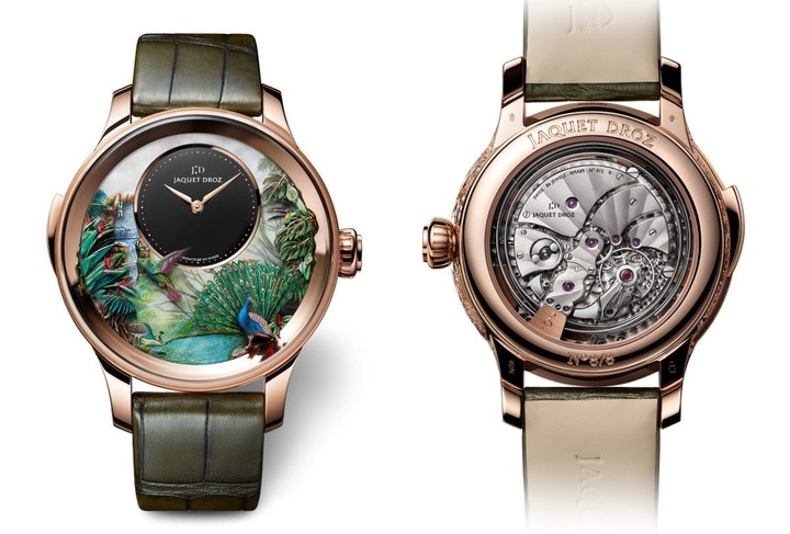 Le modèle Tropical Bird Repeater avec cadran en nacre blanche gravée et peinte à la main et centre en onyx noir. Mouvement répétition minutes mécanique à remontage manuel. Animation automate du paon, des feuilles tropicales, du colibri, du toucan, des libellules et de la cascade.