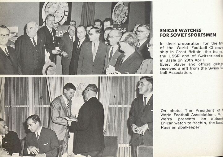 En 1966, le légendaire gardien de but soviétique Lev Yachine et ses coéquipiers reçoivent des modèles Enicar lors d'un passage en Suisse.