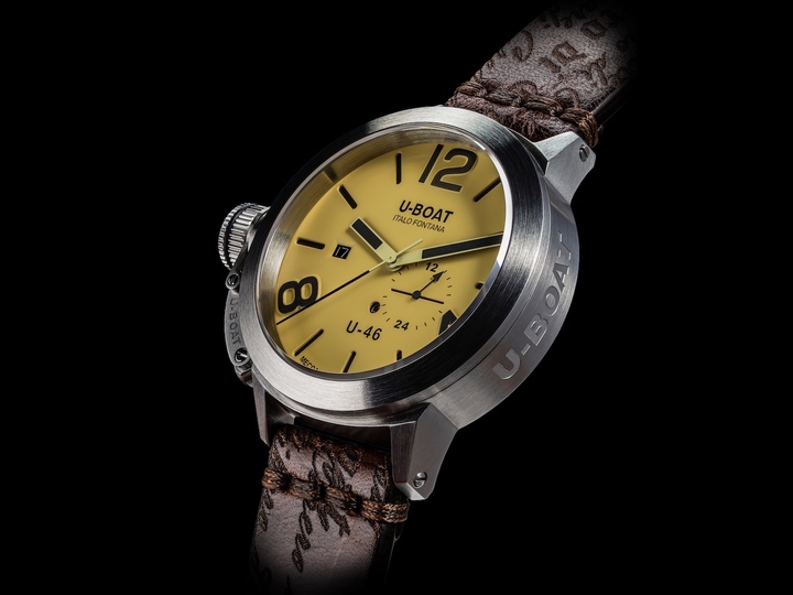 U-Boat revisite aussi son modèle emblématique avec la Classico U-46, dont le boîtier en acier est «réduit» à 46 mm. Fidèle aux codes de la collection, elle conserve sa couronne à gauche avec protège-couronne breveté, son cadran à trois niveaux (noir ou beige) et son mouvement automatique Sellita SW200 personnalisé. 