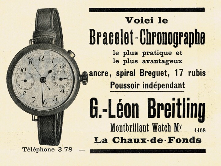 Publicité de 1910 pour le premier chronographe monopoussoir introduit par Breitling