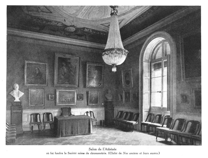 Le Palais de l'Athénée, lieu de naissance de la Société Suisse de Chronométrie, représentée dans le JSH en 1924.