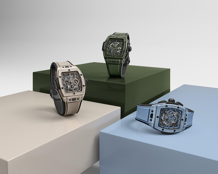 Pour marquer les 12 ans de cette collection, la première de la marque dont le boîtier n'était pas rond, Hublot présente la Spirit of Big Bang Chronograph dans trois nouvelles couleurs de céramique qui étaient jusqu'alors réservées à la famille Big Bang.