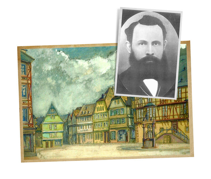 La seule image conservée de l'atelier et de la maison de Philip Wolf I à Hanau. La ville allemande a été en grande partie détruite par les frappes aériennes britanniques en 1945.