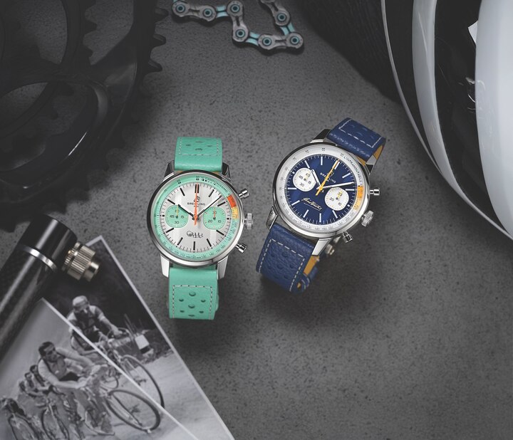 Les deux éditions limitées Chronographe Top Time B01 Fausto Coppi et Gino Bartali avec leur mouvement manufacture, étanches à 100 mètres, dans leur boîtier de 41 mm.