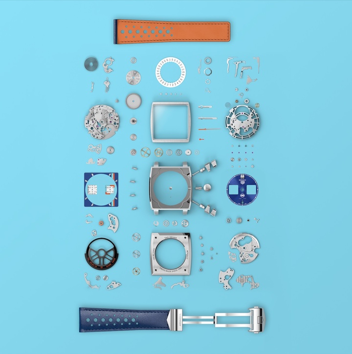 Les composants de la nouvelle Monaco Gulf aux couleurs du partenaire historique de la marque - un modèle désormais équipé du mouvement maison Heuer 02.
