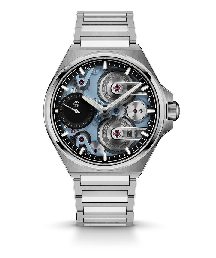 Le nouveau modèle One Week First Edition, limité à 25 exemplaires: Armin Strom réédite son premier modèle manufacture dans un boîtier acier à bracelet intégré très contemporain. 