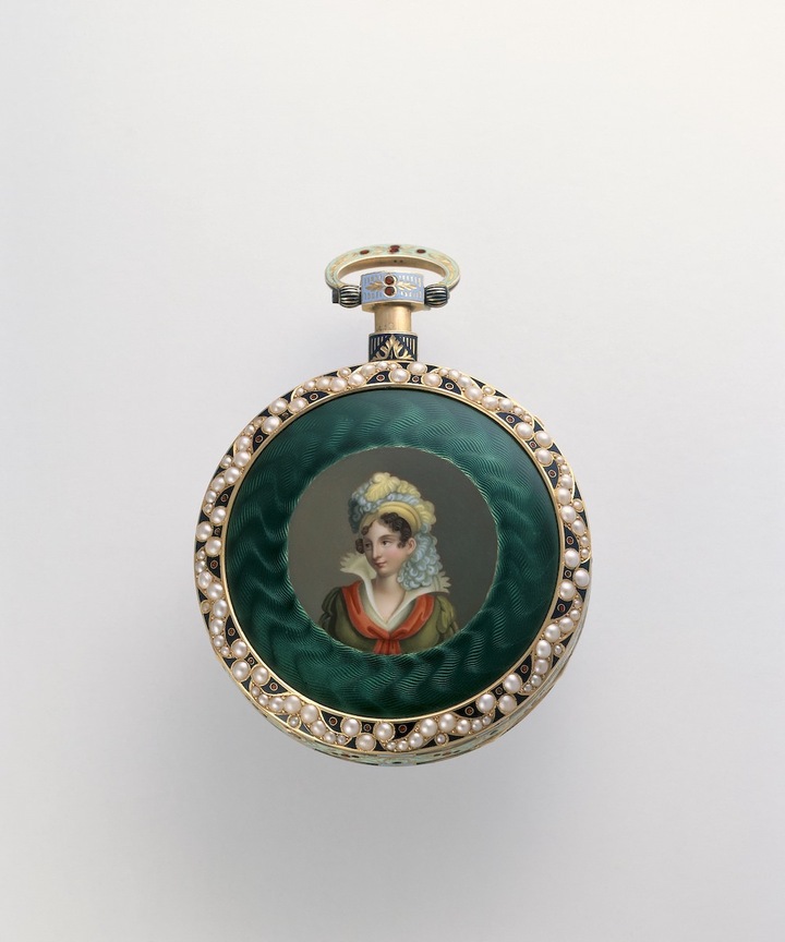 Montre de poche à répétition, dite chinoise Piguet & Meylan (Genève, 1811-1828), horlogers, attribué à Jean-François Victor Dupont (Genève, 1785-1863) peintre sur émail, attribué à Frères Oltramare (Genève, actifs 1er quart 19e s.), faiseurs de boîte Genève, vers 1820 Boîte en or poli et gravé, émail peint sur or, sous fondant, émail flinqué et champlevé, entourage de perles, pendant et bélière émaillés Diam. 5.65, haut. 7.85, ép. 1.85 cm Ville de Genève, Musée d'art et d'histoire, Achat, 2003 Inv. H 2003-0138