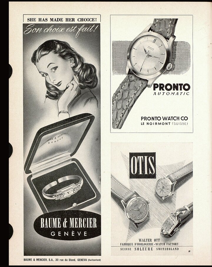 Annonce Baume & Mercier parue dans Europa Star en 1952: un accent fort déjà mis sur l'offre féminine.