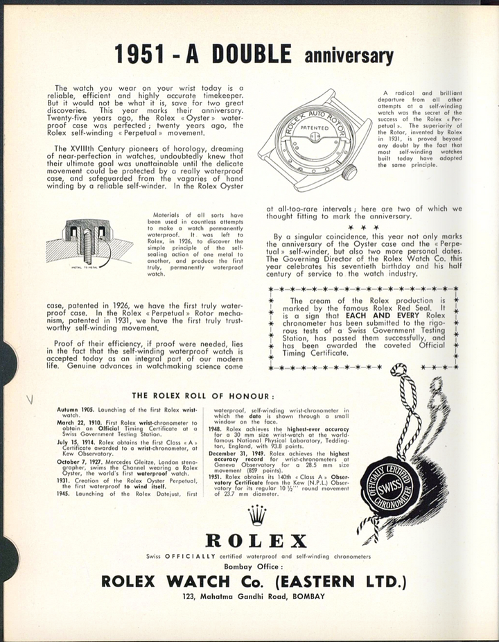 1951: les 25 ans du boîtier Oyster et les 20 ans du mouvement automatique Perpetual de Rolex dans une édition d'Europa Star.
