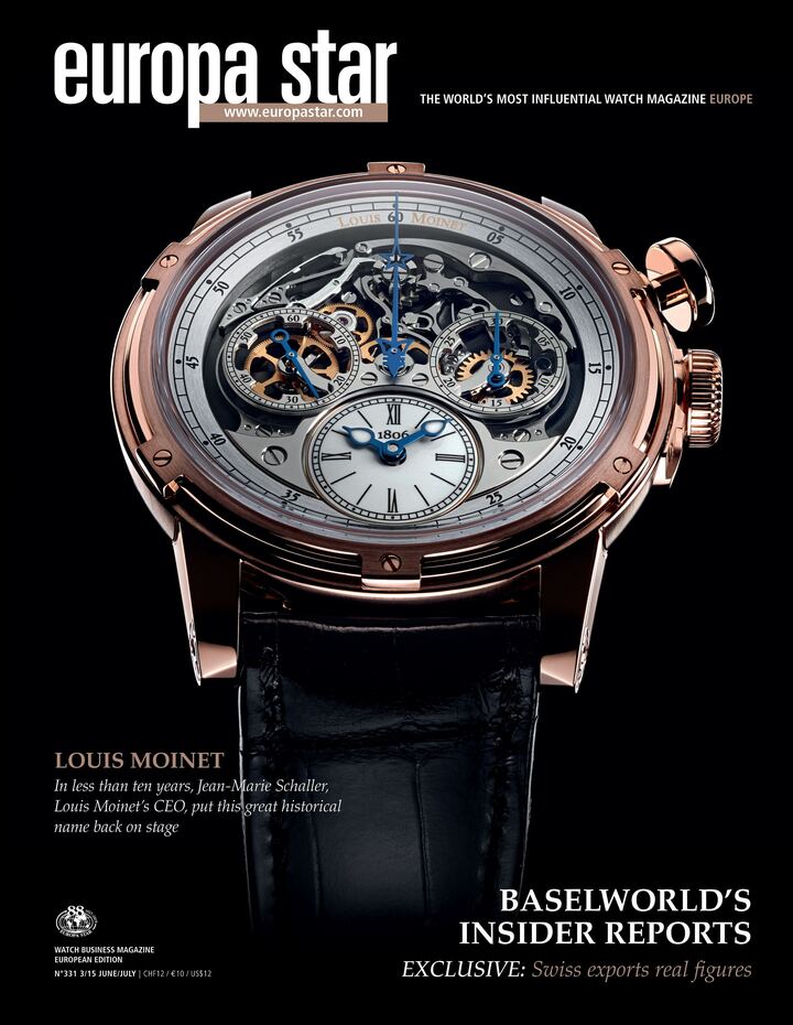 En 2015, Louis Moinet est à la Une d'Europa Star avec le magnifique modèle Memoris. «Mon histoire est atypique...»: ainsi commence l'article qui l'accompagne, à la rencontre de Jean-Marie Schaller.