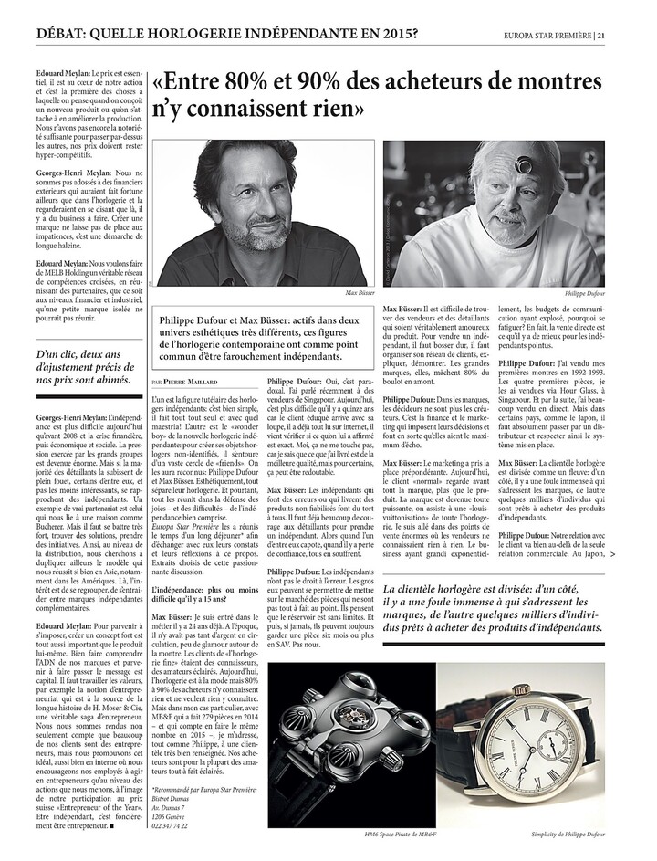 Interview croisée de Georges-Henri et Edouard Meylan il y a dix ans déjà, en 2015 dans Europa Star, sur les débuts de MELB Holding. «Notre modèle, c'est la Confédération suisse», déclare Georges-Henri Meylan. «Une dynamique est en route, très nettement», ajoute Edouard Meylan.