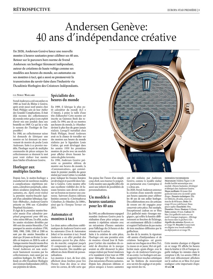 Pour son 40ème anniversaire, Andersen Genève présente une version spéciale de son Heure Sautante en 2020.