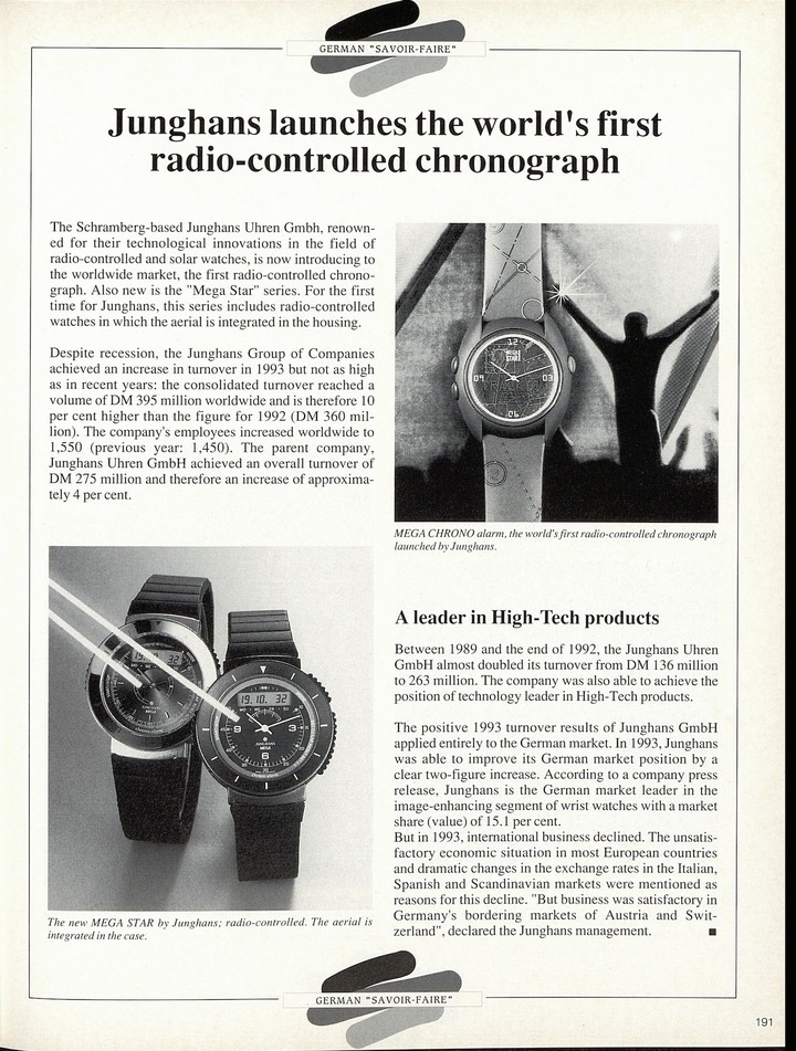 Outre les modèles quartz et mécaniques, Junghans investit très tôt dans les technologies radio-commandées pour l'horlogerie. Ici un article de 1994 dans Europa Star.