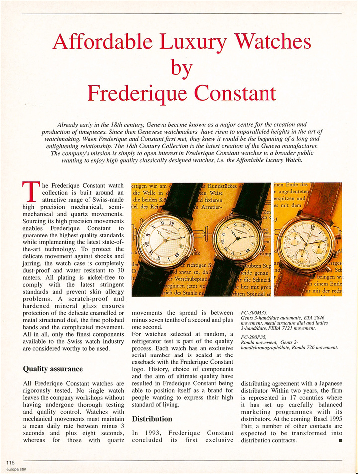 Une présentation de la marque Frederique Constant, championne du luxe abordable, en 1995 dans Europa Star © Archives Europa Star 
