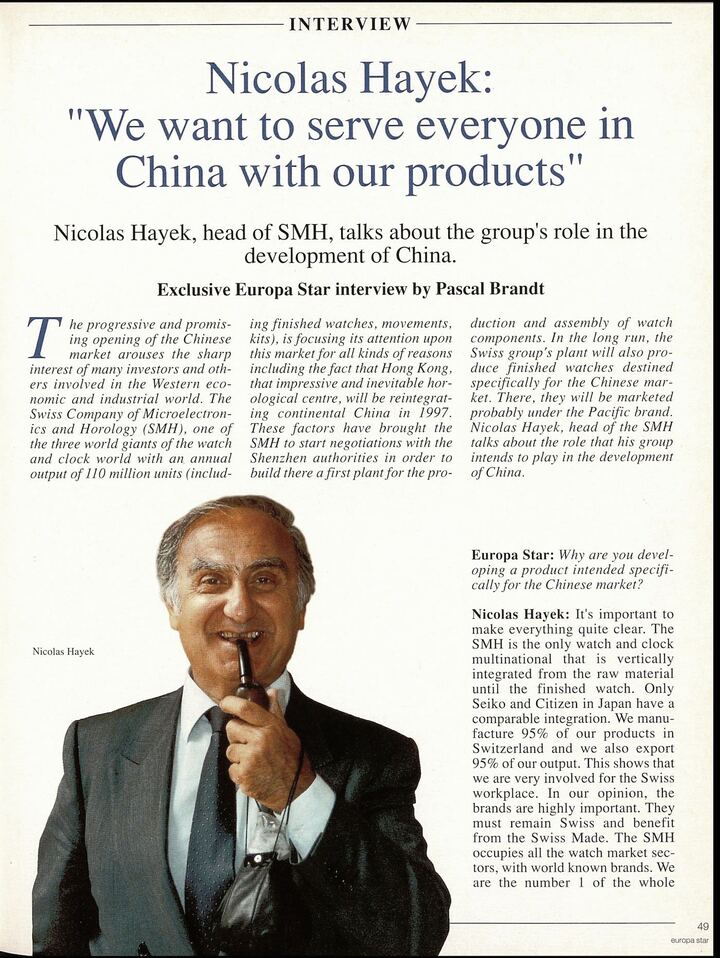 Entretien avec Nicolas Hayek réalisé en 1994 par Pascal Brandt sur les perspectives du marché chinois pour son groupe 