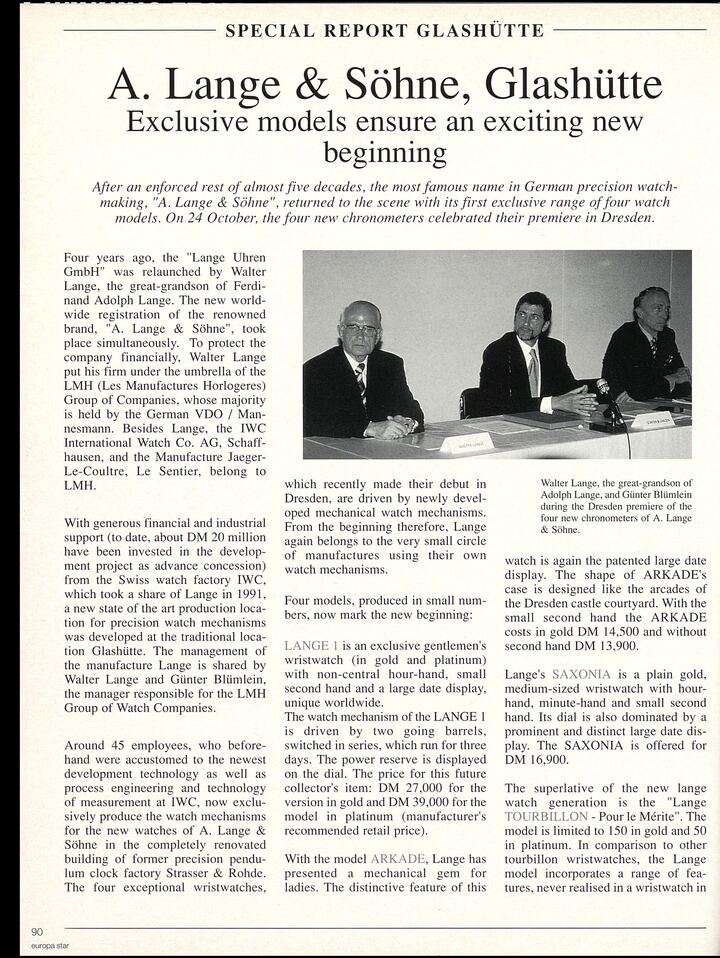Le redémarrage de A. Lange & Söhne après la réunification allemande, raconté dans cet article d'Europa Star paru il y a exactement trente ans, en 1994.