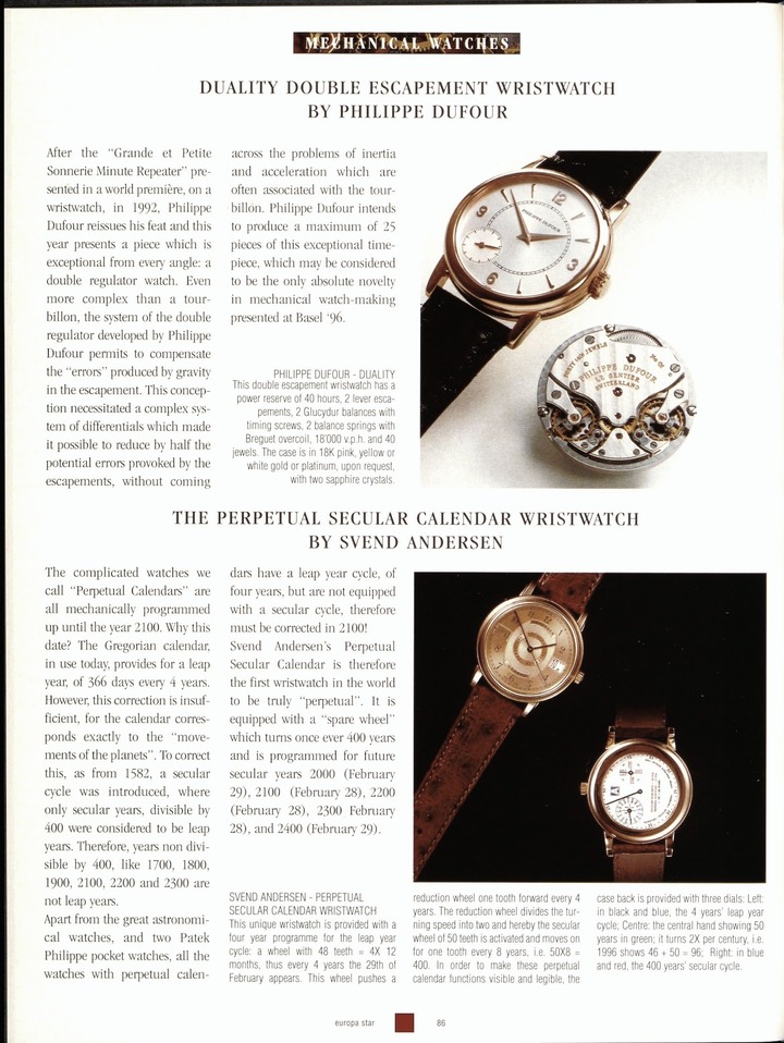 Archives sur Andersen Genève extraites des années 1990 dans Europa Star: de haut en bas, la Perpetual 2000 en platine, la World Time Mundus extra-plate et le calendrier perpétuel séculaire.