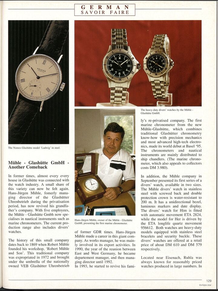 Un article paru en 1995 dans Europa Star sur la relance de Mühle-Glashütte suite à la réunification allemande.