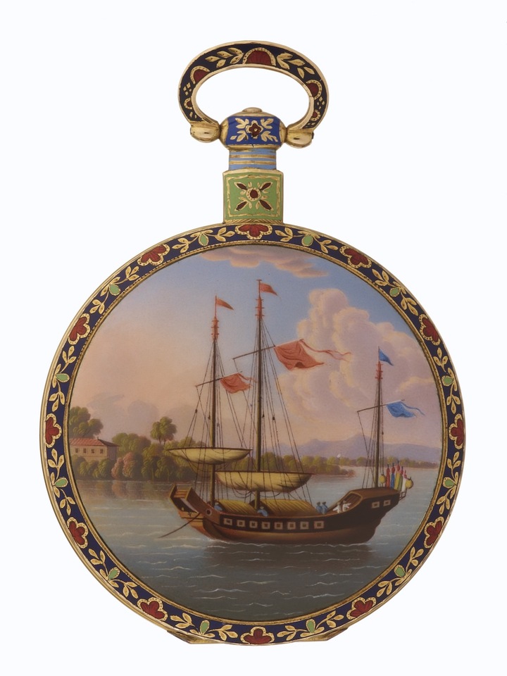 Montre de poche, dite « chinoise » Bovet Édouard Bovet (1797 - 1849) dit Bovet de Chine, attr. Londres (boîte), Fleurier (mouvement) Genève (émail) vers 1840 Or, émail champlevé et flinqué, émail peint sous fondant Ville de Genève, Musée d'art et d'histoire, Don de Gustave Loup au Musée des arts décoratifs de Genève, 1915 Inv. M 0911 Montre dérobée en 2002 et retrouvée en 2004 et de retour dans les collections depuis 2007.