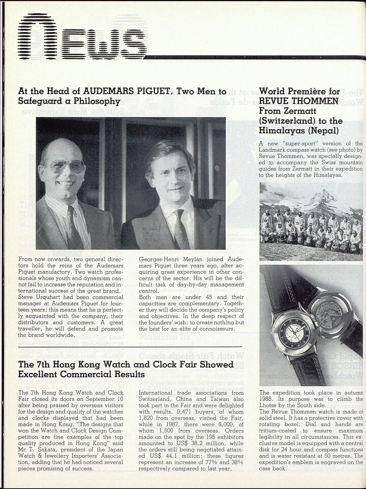 Suite au décès soudain du légendaire directeur d'Audemars Piguet Georges Golay en 1987, Georges-Henri Meylan et Stephen Urquhart reprennent en duo le poste de CEO d'Audemars Piguet, comme on peut le lire dans cet article d'époque d'Europa Star.