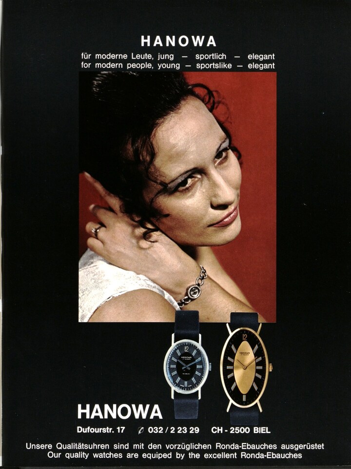 Des modèles Hanowa présentés dans les années 1970 dans les pages d'Europa Star: durant cette décennie, la marque s'illustre par une grande variété de formes et de designs, sur une approche déjà accessible, destinée notamment au marché féminin. En ces années difficiles pour l'horlogerie suisse, la marque tire son épingle du jeu.