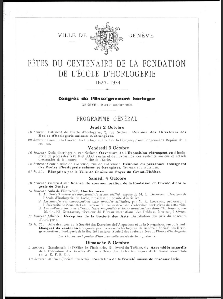 A l'ordre du jour pour le centenaire de l'Ecole d'horlogerie de Genève en 1924: la fondation de la Société Suisse de Chronométrie (JSH, 1924).