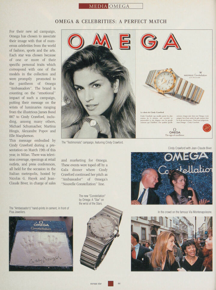 Cindy Crawford telle qu'elle apparaît dans Europa Star en 1996. L'effet Cindy Crawford démarre très fort et un certain Jean-Claude Biver n'y est pas pour rien.