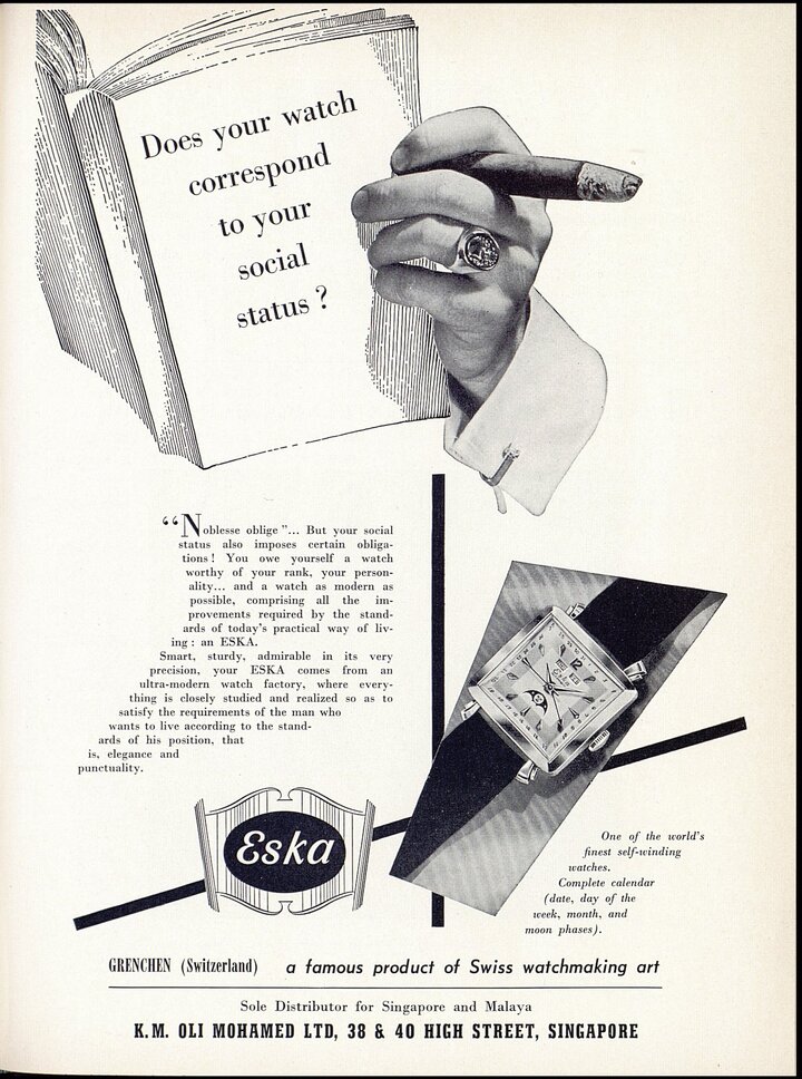 Annonce Eska en 1956 dans notre édition pour l'Extrême-Orient: les liens entre statut social et montre sont mis en avant - précurseur de ce que nous connaissons aujourd'hui dans la branche.