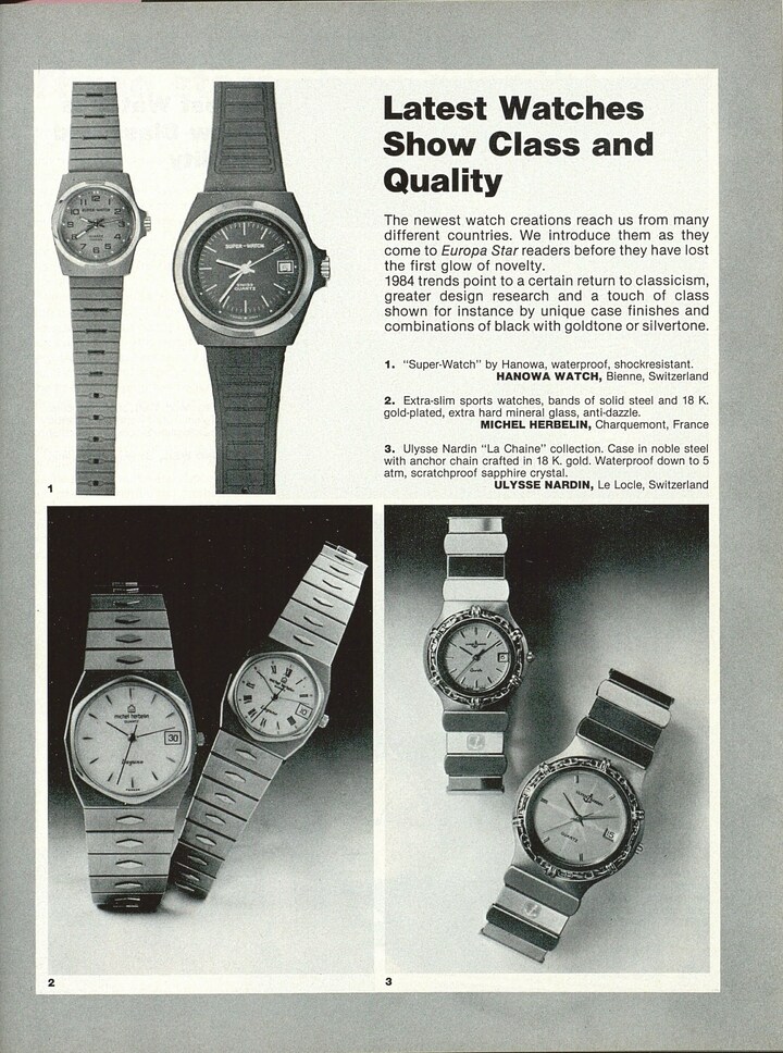 A partir des années 1980, Hanowa explore un nouvel univers: celui des montres robustes, comme le montre notre archive ci-dessus datant de 1984 sur sa «Super Watch». Cela débouchera dans les années 1990 sur la création d'une marque dédiée à part, Swiss Military, puis sur une reconnaissance de l'armée suisse en 2015 sous forme de licence officielle.