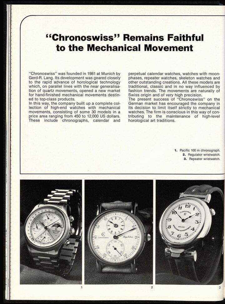 Dans les années de doute sur l'avenir de l'horlogerie, Chronoswiss est l'une des marques faisant le pari de la résilience de la montre mécanique. A la fin de cette même décennie 1980, son fondateur Gerd-Rüdiger Lang rachète le stock de mouvements Marvin qui sont justement à la base du projet Lang 1943 aujourd'hui.