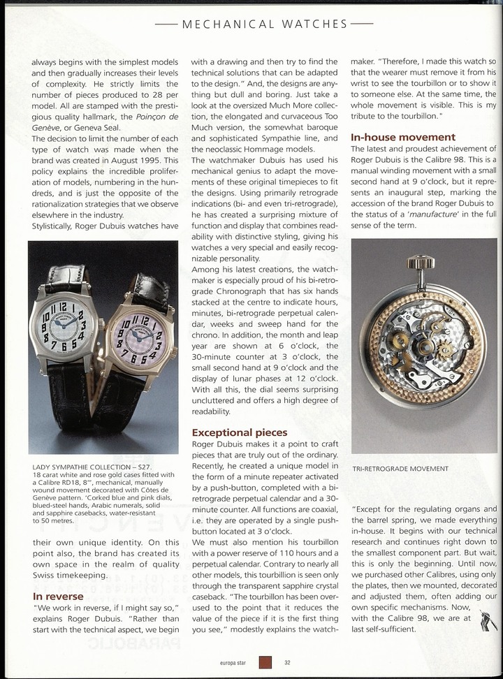 Visite cher Roger Dubuis en 2001, un reportage paru dans Europa Star six ans après la création de la marque par le duo Roger Dubuis et Carlos Dias.