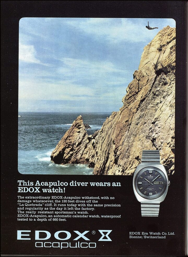 Edox en 1968 dans Europa Star: la marque s'est fortement liée au monde nautique et marin durant cette décennie.